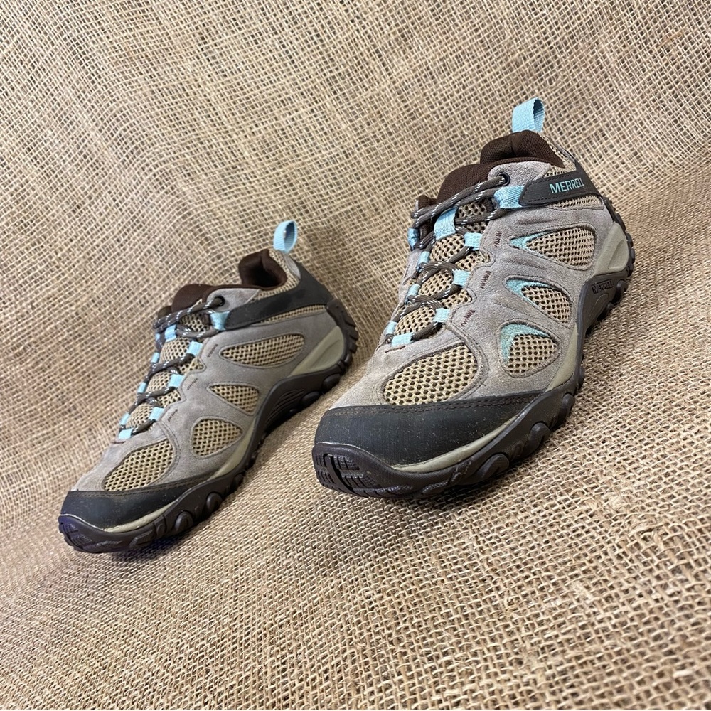Merrell Boots Shoes Hiking Trail Yokota Brown Blue Tan Size 9
